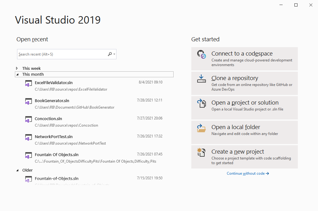 Visual Studio launch page