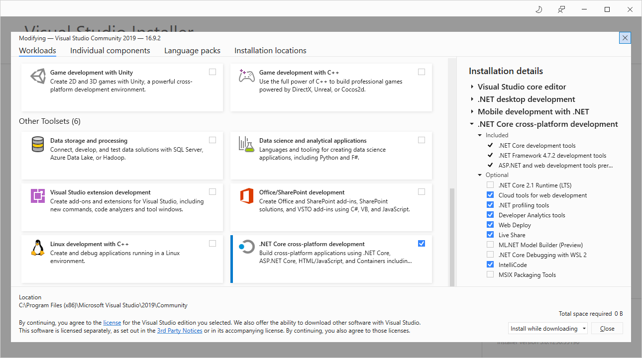 Check the box for the .NET Core cross-platform development workload