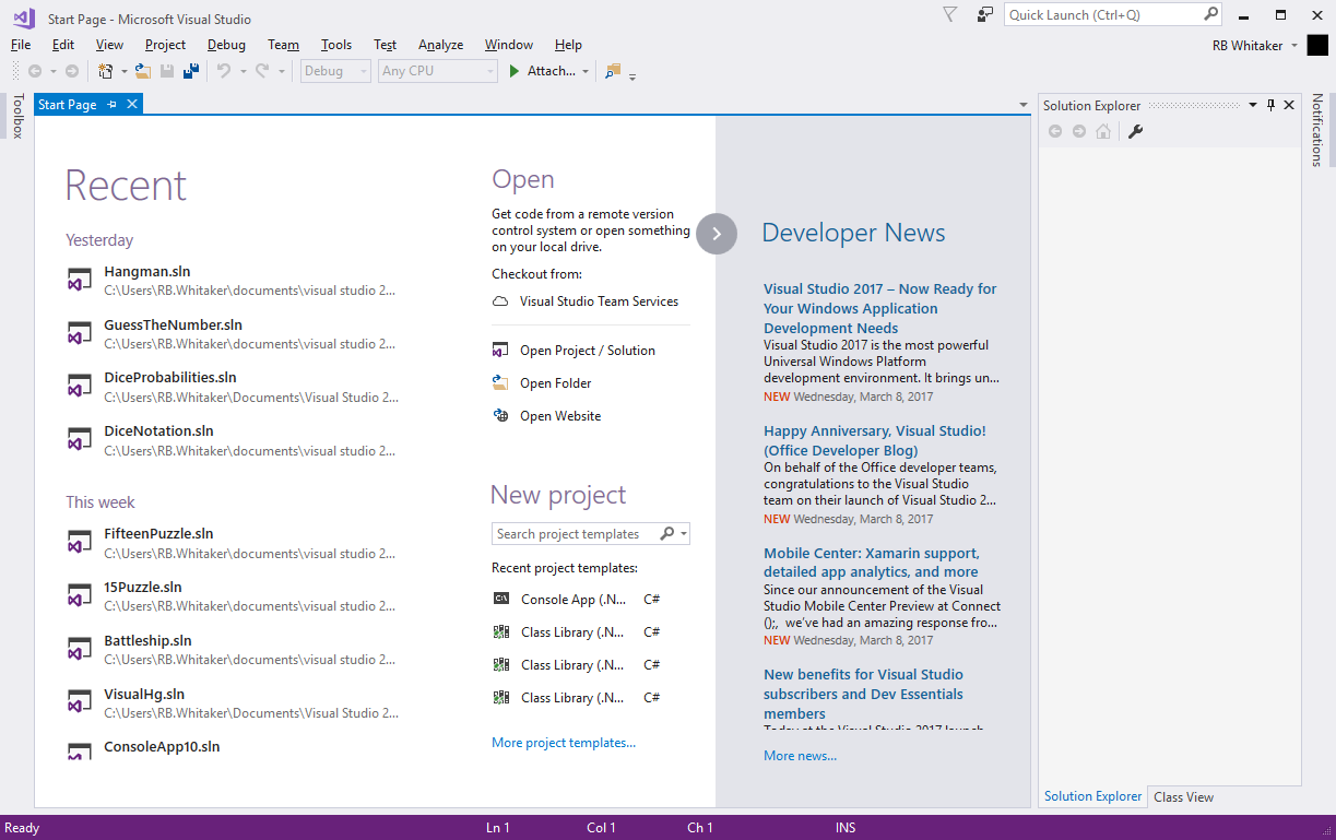 Visual Studio start screen